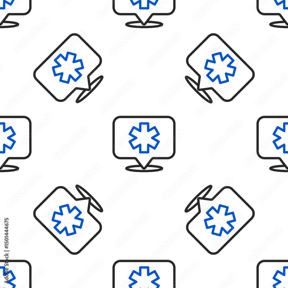 Poster line medical map pointer with cross hospital icon isolated seamless pattern on white background. col