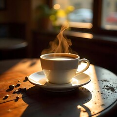 a cup of coffee on a saucer, with steam rising from it. Coffee beans are scattered on the wooden table surface around the cup.