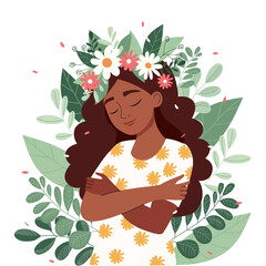 Dark-haired woman embracing herself with closed eyes and a gentle smile, symbolizing self-love and mental health. Vector illustration.