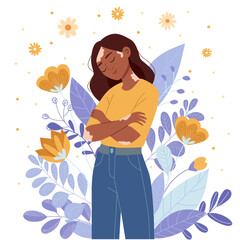 Woman with vitiligo hugging herself with crossed arms, representing body positivity. Mental health concept of self-love.