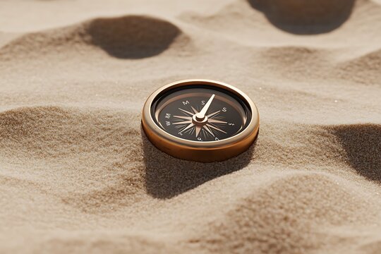 A brass compass lies on the sand surrounded by shadows and undulating dunes on a sunny day