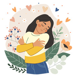 Teenage girl hugging herself with closed eyes surrounded by flowers and hearts. Self love and body positivity concept for mental health and wellbeing.
