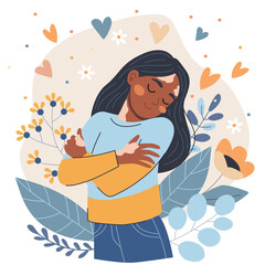 Teenage girl with vitiligo hugging herself, mental health, self-love and body positivity concept. Healthcare and wellness illustration for patient support.