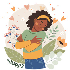 African American teenage girl hugging herself with closed eyes surrounded by hearts and flowers. Self-love and body positivity concept illustration.
