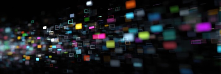 Obraz premium Glitch-style Digital Stickers Create an Abstract Visual Experience in a Dark Environment Showcasing Colors and Dynamic Patterns