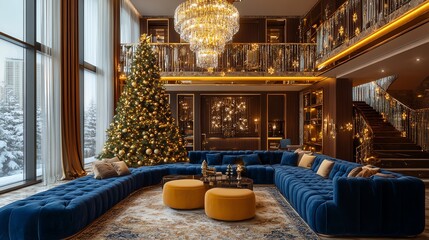 Opulent living room with a large blue sofa, Christmas tree, and grand staircase, exuding luxury and festive warmth.