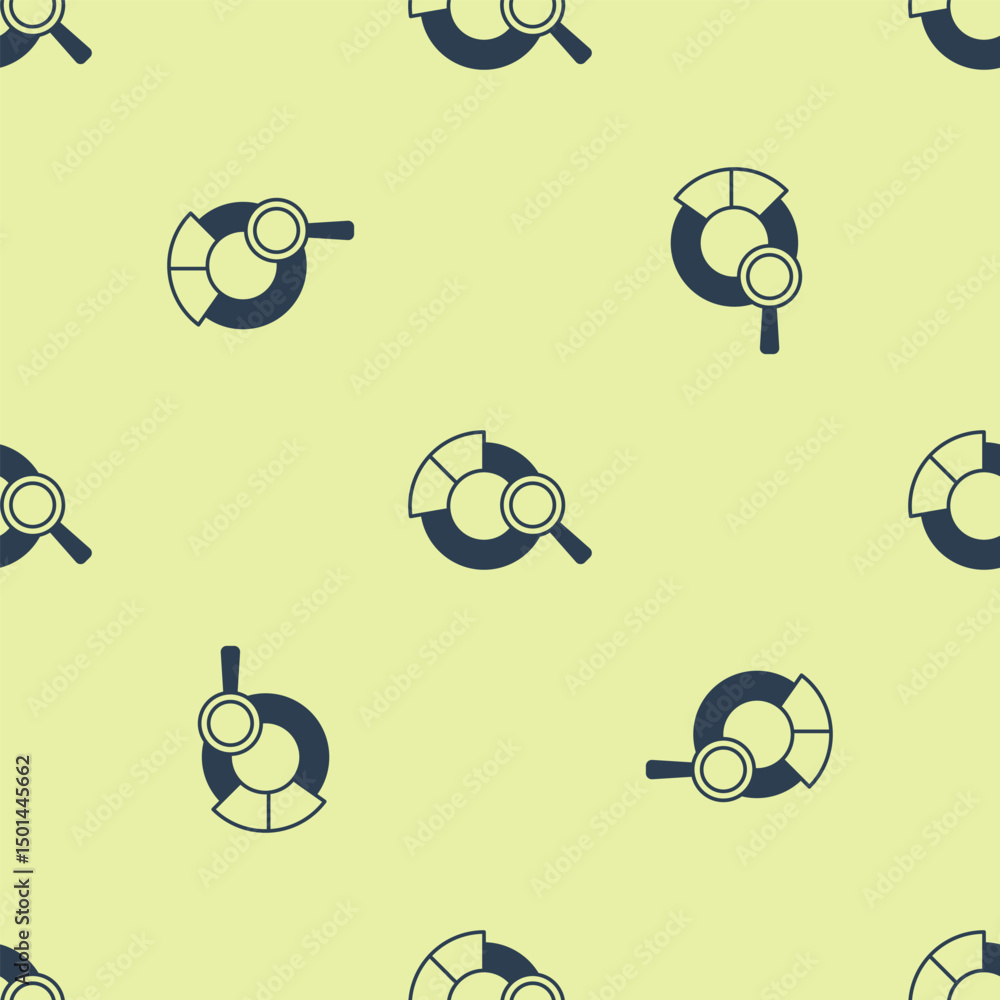 Poster blue magnifying glass and data analysis icon isolated seamless pattern on yellow background. search 