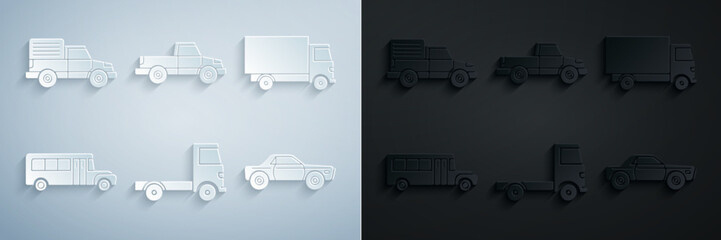 Set Delivery cargo truck vehicle, School Bus, Sedan, Pickup and icon. Vector