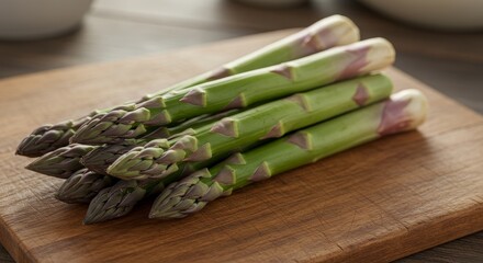 Realistic Photo Of Fresh Green Asparagus Spears On A Wooden Cutting Board