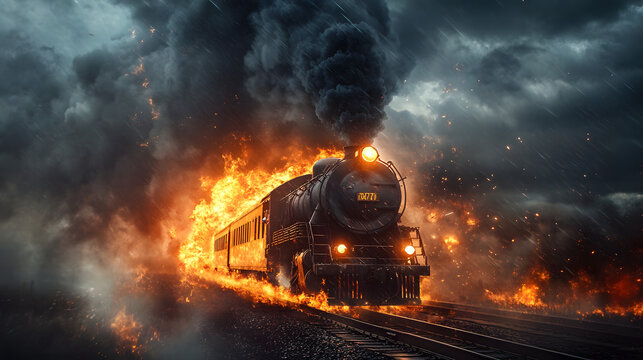 A train travels rapidly on its tracks, completely surrounded by flames and thick smoke, creating a dramatic and chaotic atmosphere during a violent storm