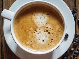 Coffee cup and coffee beans on wooden table top view, Espresso Crema coffee cup aromatic