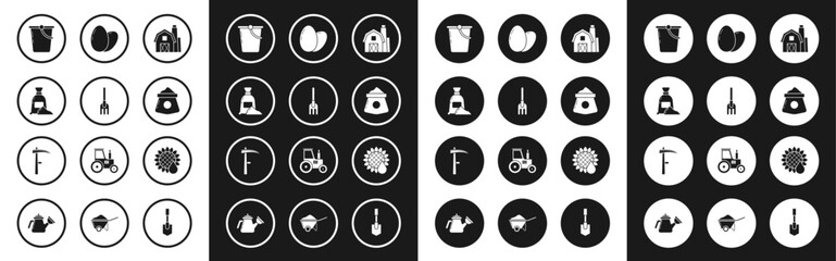 Set Farm House concept, Garden rake, Bag of flour, Bucket, Chicken egg, Sunflower and Scythe icon. Vector