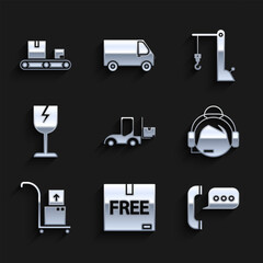 Set Forklift truck, Cardboard box with free symbol, Telephone speech bubble chat, Support operator in touch, Hand and boxes, Fragile broken glass, Harbor crane and Conveyor belt cardboard icon. Vector
