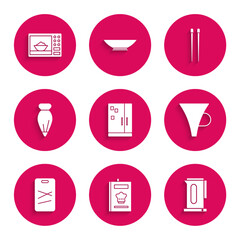 Set Refrigerator, Cookbook, Kettle with handle, Funnel filter, Cutting board, Pastry bag for decorate cakes, Food chopsticks and Microwave oven icon. Vector