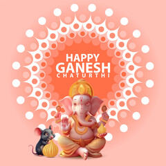 Vibrant vector of Lord Ganesha and mouse on peach background with festive circular pattern and text traditional Indian art for Ganesh Chaturthi decor and digital use