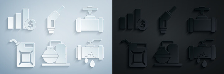 Set Oil and gas industrial factory building, Industry metallic pipes valve, Canister for gasoline, Broken with leaking water, Gasoline pump nozzle and Pie chart infographic dollar icon. Vector