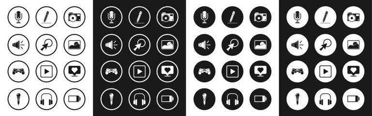 Set Photo camera, Arrow cursor, Speaker volume, Microphone, Picture landscape, Pencil with eraser, Like heart and Gamepad icon. Vector