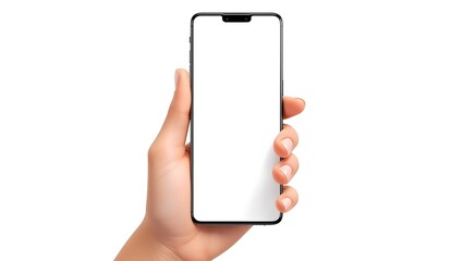 Human hand holding a modern smartphone with a blank white screen for mockup