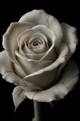 Handcrafted Porcelain Rose with Warm Ivory Tones and Gold Kintsugi Detailing on Black Background
