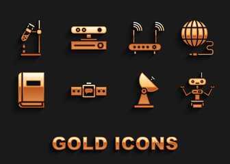 Set Smartwatch, Social network, Robot, Radar, User manual, Router and wi-fi signal, Test tube flask on fire and Motion sensor icon. Vector