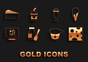 Set Drinking yogurt in bottle, Ice cream waffle cone, Cheese, Yogurt container, Milkshake, and icon. Vector