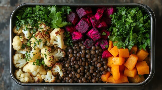 A vibrant, healthy meal prep container filled with colorful roasted vegetables and lentils. A balanced and nutritious dish.