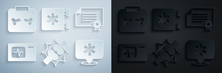 Obraz premium Set Joint pain, knee pain, Certificate template, Monitor with cardiogram, Location hospital, Emergency - Star of Life and X-ray shots broken bone icon. Vector