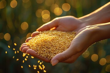 Hands Holding Golden Wheat Grains in Sunlit Field with Bokeh Background for Harvest and Agriculture Concepts