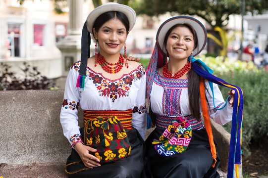 Indigenous riobambe&ntilde;as women showing traditional clothing and jewelry