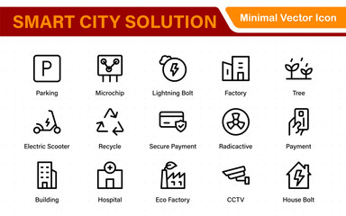 Smart City Solutions Icon Set – Minimal Line Vector Illustrations for Urban Planning, IoT, Infrastructure, Transportation, and Smart Tech Designs