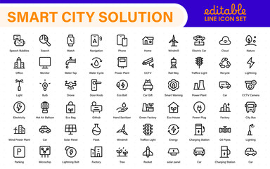 Smart City Solutions Icon Set – Minimal Line Vector Illustrations for Urban Planning, IoT, Infrastructure, Transportation, and Smart Tech Designs