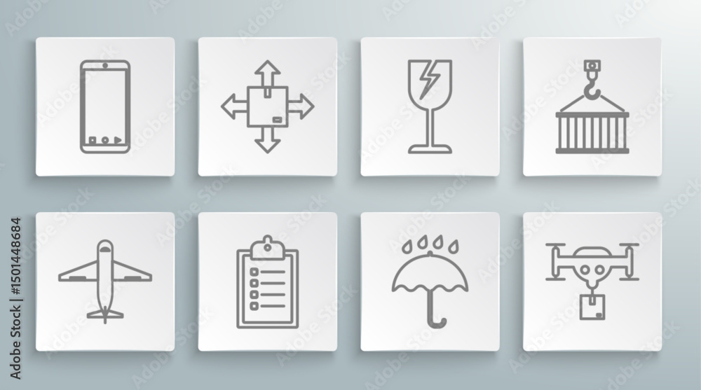 Poster set line plane, verification of delivery list clipboard, umbrella and rain drops, delivery drone the