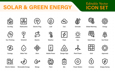 A Modern and Versatile Icon Set for Solar Energy, Renewable Resources, Eco-Friendly Solutions, and Green Technology Initiatives