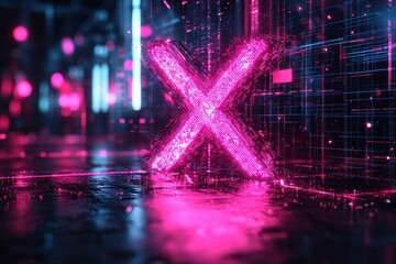 Futuristic Neon X in Digital Cyberpunk Environment with Reflective Surfaces and Glowing Lights
