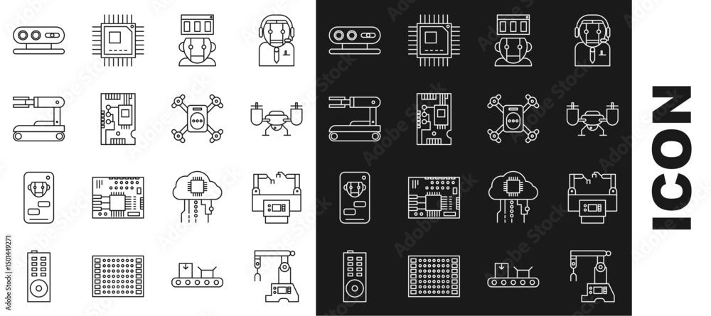 Poster set line assembly line, drone flying with action camera, robot, electronic computer components mothe