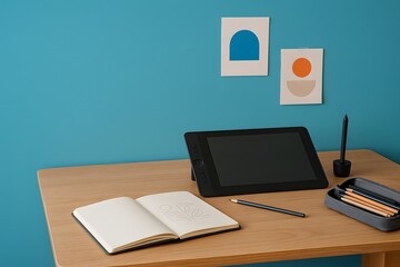 Naklejka premium Inspirational Creative Studio with Dual Monitors and Sketch Area