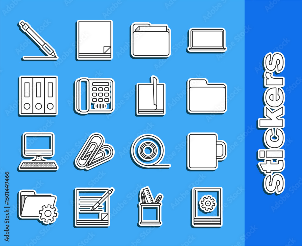 Poster set line user manual, coffee cup, document folder, telephone, office folders with papers and documen