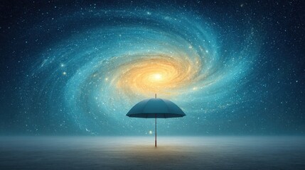 Umbrella sheltering a galaxy inside it, concept of small space with big ideas