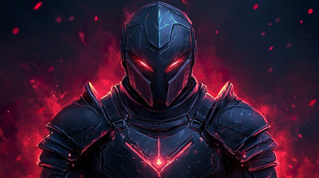 Sinister gladiator character with gothic armor and fire-like red aura, esports badge vector on dark gradient  