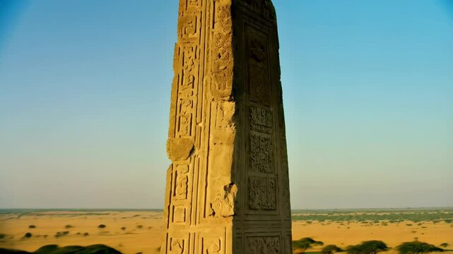 Ancient weathered sandstone obelisk rising from flat arid desert landscape under pale blue sky, carved with intricate hieroglyphs and geometric designs