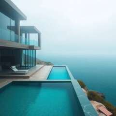 Fototapeta premium Modern cliffside house with infinity pools overlooking the sea