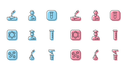 Set line Medicine pill or tablet, Test tube and flask, Petri dish with pipette, Laboratory assistant, Formula of benzene rings and icon. Vector