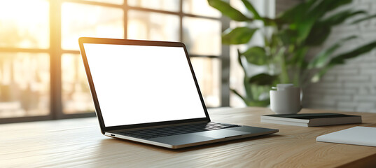 Fototapeta premium Professional Workstation with Wooden Desk and Laptop with Transparent PNG Screen Ready for Design Customization, Business Promotion or Product Advertising