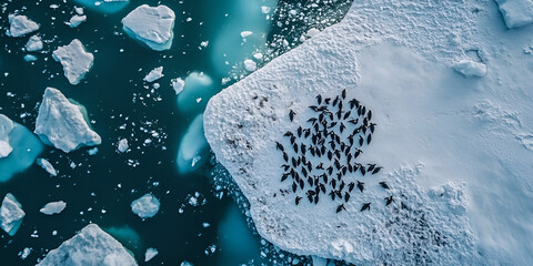 Floating Icebergs and Penguin Colonies in Deep Blue Waters. Frozen Wilderness: Penguins on Ice Floes in Polar Landscape.