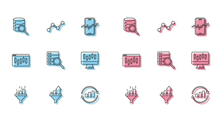 Set line Sales funnel with chart, Server, Graph infographic, Stocks market growth graphs, Browser stocks and icon. Vector