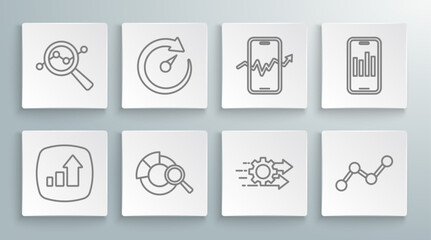 Set line Financial growth, Digital speed meter, Search data analysis, Time management, Graph chart infographic, Mobile stock trading, with and icon. Vector