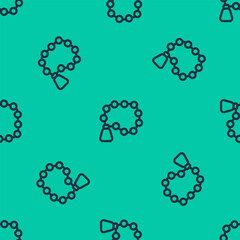 Blue line Rosary beads religion icon isolated seamless pattern on green background. Vector
