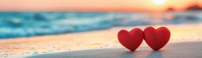 Fototapeta premium Romantic closeup of two red hearts on sandy beach at sunset, reflecting warm colors on water