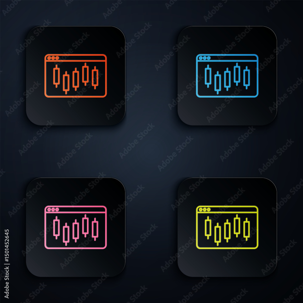 Poster color neon line browser with stocks market growth graphs and money icon isolated on black background