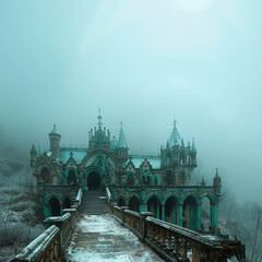 gothic castle shrouded in fog, mysterious medieval fortress in misty landscape, ancient stone castle in eerie fog